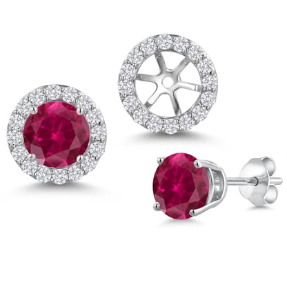 Gem Stone King 14K White Gold 6MM Round Gemstone Birthstone Stud Earrings with Removable Jackets and Lab Grown Diamond Accents | Gold Earrings For Women | Fine Jewelry Gift for Her Mom Women Wife - color: Created Ruby-July