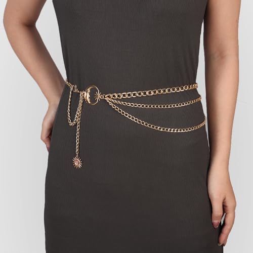 3 Layered Metal Waist Chain Belt for Women Moon & Sun Belly Belt Body Chain Jewelry for Dress Jeans - color: 02 Gold