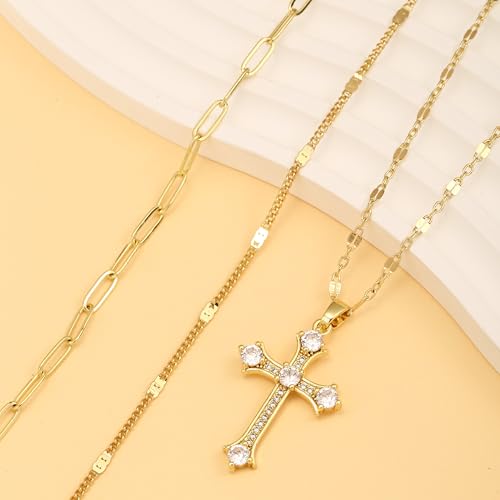 Gold Layered Necklaces for Women, 14K Gold Plated Paperclip Snake Chain Necklace Set, Dainty Coin Cross Tear Pendant Layering Choker Necklaces, Simple Trendy Stackable Jewelry Gifts - color: 3PCS / Cross & Chain& Chain