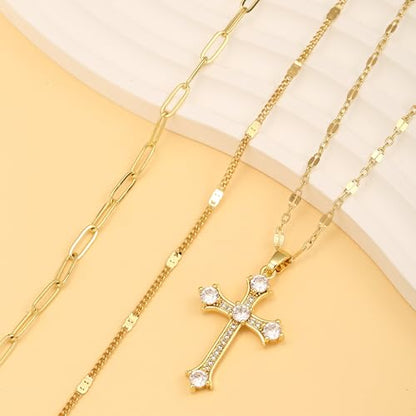 Gold Layered Necklaces for Women, 14K Gold Plated Paperclip Snake Chain Necklace Set, Dainty Coin Cross Tear Pendant Layering Choker Necklaces, Simple Trendy Stackable Jewelry Gifts - color: 3PCS / Cross & Chain& Chain