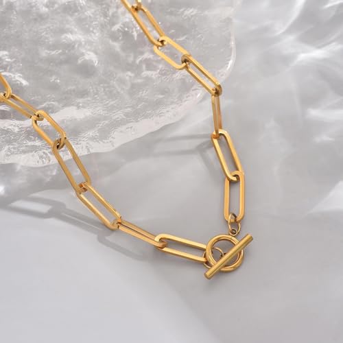 18K Gold Plated Chunky Chain Necklace for Women Dainty Cuban Paperclip Chain Toggle Bar Clasp Necklace Thick Trendy Layering Gold Chain Link Stainless Steel Jewelry - style: Toggle Paperclip-Gold