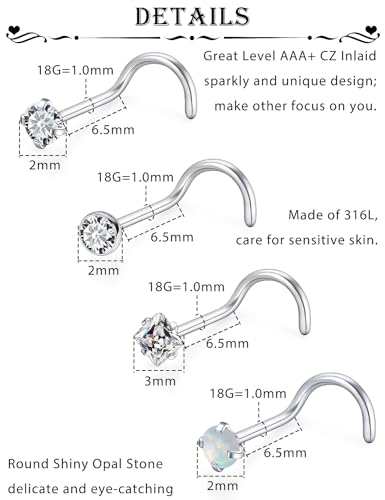 15 Pcs 18G 20G Surgical Steel Nose Rings Studs for Women Opal Nose Rings Diamond CZ Nose Studs L Shaped Nose Nostril Piercing Jewelry Hypoallergenic - style: 18G,Screw