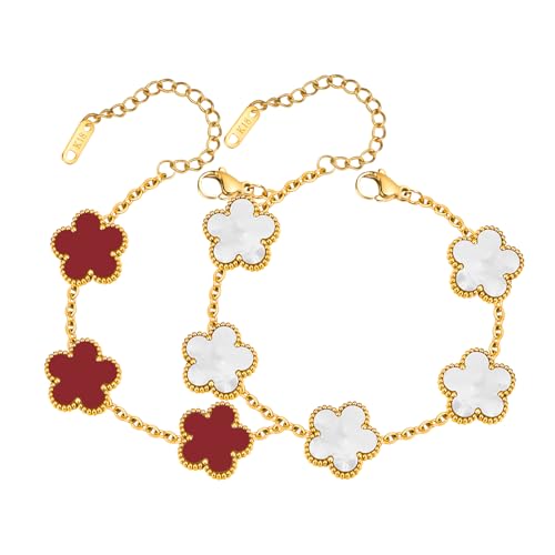 Women Gold Bracelets Jewelry Set - 3Pcs 18K Gold Plated Floral Bracelet,Stainless Steel Charm Bracelet Non-Tarnish,Adjustable Lucky Chain Trendy Gift,Christmas Valentines Birthday Gifts for Girlfriend - style: White&Red