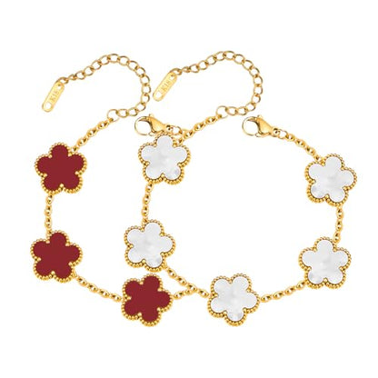 Women Gold Bracelets Jewelry Set - 3Pcs 18K Gold Plated Floral Bracelet,Stainless Steel Charm Bracelet Non-Tarnish,Adjustable Lucky Chain Trendy Gift,Christmas Valentines Birthday Gifts for Girlfriend - style: White&Red
