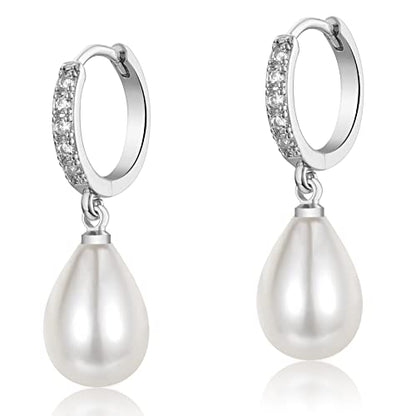 CERSLIMO Pearl Drop Earrings for Women | S925 Sterling Silver Post Simulated Shell Pearl Hoop Dangle Earrings, Hypoallergenic Cubic Zirconia Huggies Earrings Bridesmaid Jewelry - style: 02 Silver-Teardrop