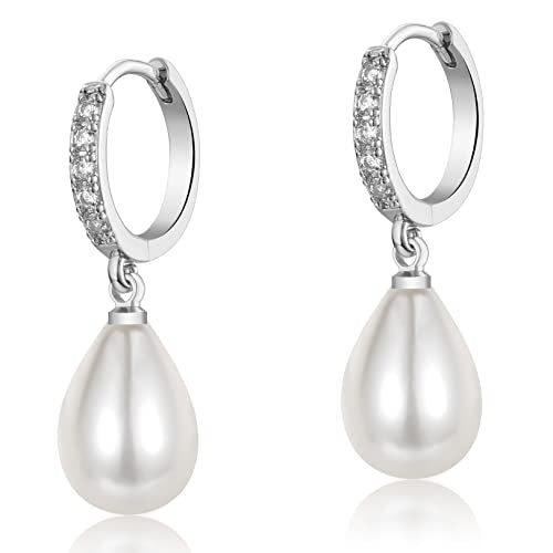 CERSLIMO Pearl Drop Earrings for Women | S925 Sterling Silver Post Simulated Shell Pearl Hoop Dangle Earrings, Hypoallergenic Cubic Zirconia Huggies Earrings Bridesmaid Jewelry - style: 02 Silver-Teardrop