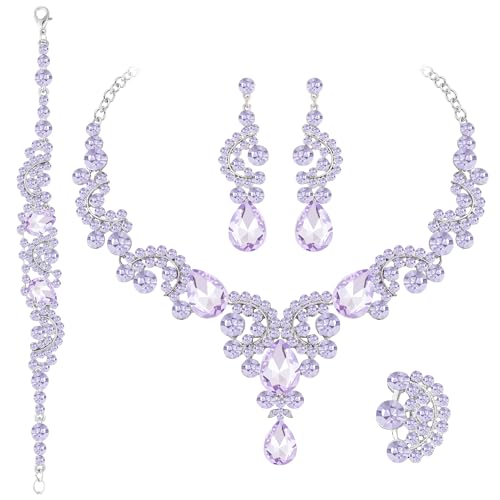 Paxuan Crystal Bridal Wedding Jewelry Sets for Women Rhinestone Teardrop Crystal Statement Choker Necklace Drop Earrings Link Bracelets Rings Teardrop Jewelry Set for Brides Bridesmaids - color: Necklace+Earrings+Bracelet+Ring（Purple）