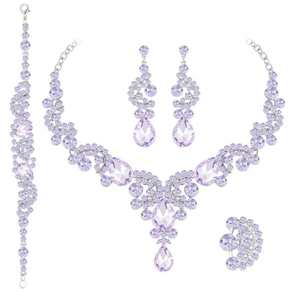 Paxuan Crystal Bridal Wedding Jewelry Sets for Women Rhinestone Teardrop Crystal Statement Choker Necklace Drop Earrings Link Bracelets Rings Teardrop Jewelry Set for Brides Bridesmaids - color: Necklace+Earrings+Bracelet+Ring（Purple）