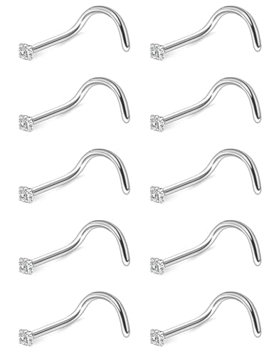 Hoeudjo Nose Studs Surgical Steel Cubic Zirconia Nose Rings Kit for Women Men Tiny Nose Stud Bone & Screw & L Shaped Nostril Piercing Jewelry 24/22/20/18 Gauge 10 Pieces - color: silver-tone,screw nose studs, size: 20g/1.5mm clear CZ