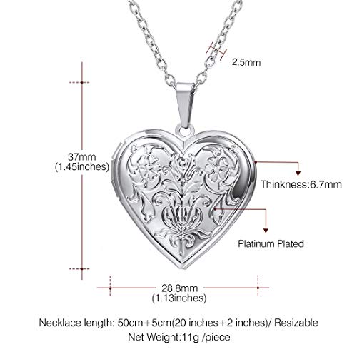 U7 Women Locket Necklace, Heart Photo Lockets Hold Picture, Gift Box Packed | Gold/Silver/Rose Locket Charm, Custom Picture and Engravement Heart Pendant, 20" Chain, Personalized Gift for Mom Wife Friend - color: 02# Platinum*Flower Grain