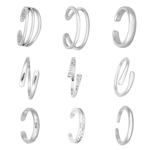 Mikovivi 9pcs Toe Rings for Women, Adjustable Open CZ Hug Toe Rings Set Dainty Summer Beach Foot Jewelry Fashionable Women's Foot Decoration Accessories - color: Silver
