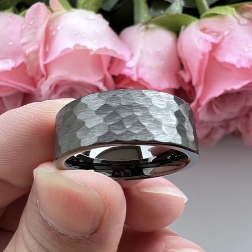 TUTISS 6mm 8mm Silver/Black/Gunmetal/Gold/Rose Gold Hammered Tungsten Rings for Men Women Couple Fashion Jewelry Engagement Wedding Bands Matte Finish Comfort Fit - color: 8mm Gunmetal Tungsten