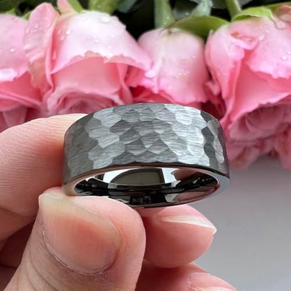 TUTISS 6mm 8mm Silver/Black/Gunmetal/Gold/Rose Gold Hammered Tungsten Rings for Men Women Couple Fashion Jewelry Engagement Wedding Bands Matte Finish Comfort Fit - color: 8mm Gunmetal Tungsten