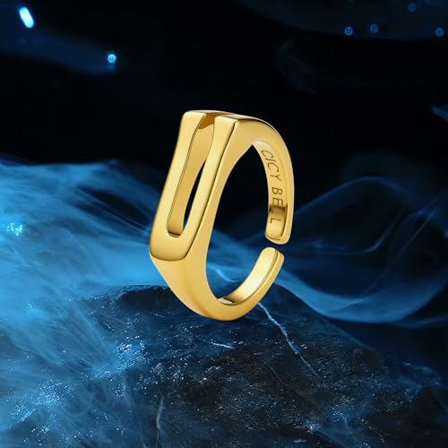 Cicy Bell Initial Rings for Women 18k Gold Plated Adjustable Rings | Open Signet Rings, Bold Letter, Personalized Engraved, For Party - color: Initial-U