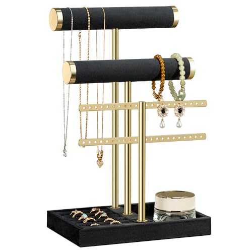 Jewelry Organizer Stand for Necklaces, Bracelets, Earrings, Rings, Black | 3 Tier Velvet Bracelet Holder Display | Jewelry Organizers and Storage | Jewelry Tree | Jewelry Towers - color: Black, size: Standard
