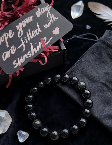 Silan's Natural Obsidian Bracelet with Lucky Card, Black Crystal Stretch Gift for Women, Elastic Adjustable Stone Jewelry - size: 8mm