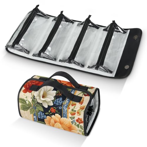 Boho Floral Colorful Vintage Flower Hanging Roll Up Cosmetic Bag with 4 Removable Storage Bags Waterproof Foldable Toiletry Kit for Women - color: Multicolor 17