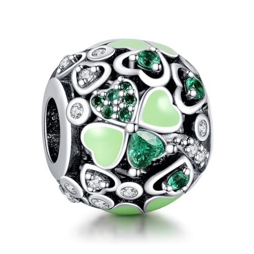 S925 Charms for Bracelets and Necklaces, Gifts for Mothers Nurses Day Graduation, for Girlfriend Family Friend, Bead Pendant, for Pandora, Silver 14K Gold Plated Enamel CZ, DIY Jewelry Making - style: Four-Leaf Clover Bead Charm
