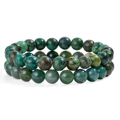 Bivei Natural Crystals Gemstone Healing Stretchy Round Beaded Bracelet | 8MM Semi Precious Beads Bracelet, Handmade Spiritual Jewelry Gift for Women Men,Enhance Positive Energy - color: 8mm Moss Agate & African Turquoise (Peace & Prosperity), size: Small: