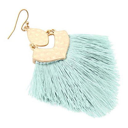 Bohemian Thread Tassel Drop Earrings - Geometric Petal Fan Fringe Feather Statement Chandelier Duster Dangles - color: Boho Tassel Chandelier - Mint