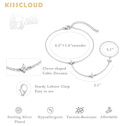 Bracelets for Women, Dainty Gold Silver Ring Bracelet Hand Chain | Cubic Zirconia Pearl Charms, 14K Gold Plated, Adjustable Fit, Trendy Stackable Link Chain, Waterproof Jewelry, Gift for Her - color: Silver-clover hand chain
