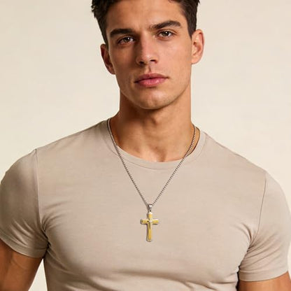 Men's Cross Necklace 316L Stainless Steel Large Heavy Cross Pendant for Men Polished Jewelry Rolo Chain with 22'' 24'' 26'' - color: D-silver and gold-tone, size: 26 inch