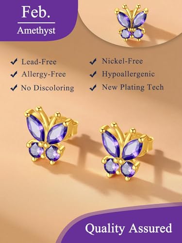 Suplight Butterfly Stud Earrings 925 Sterling Silver 14K Gold Brithstone Earrings for Women Brithstone Jewelry Gifts - color: 02.February ( Amethyst), size: Gold