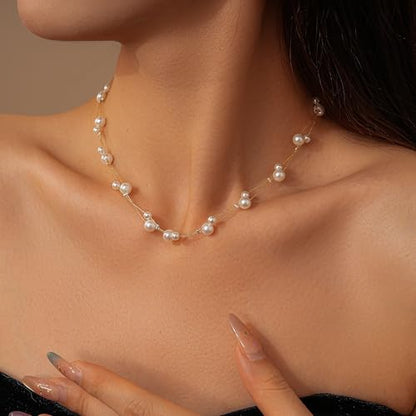 Pearls Necklaces for Women-18K Gold Plated Layered Gold Pearl Necklaces Dainty White Pearls Choker Necklace Chain Pearl Necklace for Women Elegant Valentines Gifts - color: Double Layer-2