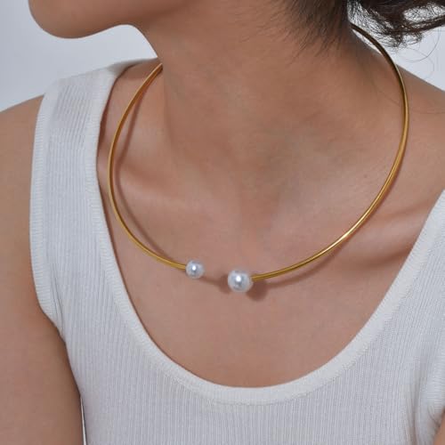 JAJAFOOK Minimalist Round Gold-Tone Bar Necklace Simple Fashion High Neck Choker Female King Neckwire - color: Wire with faux pearl‌