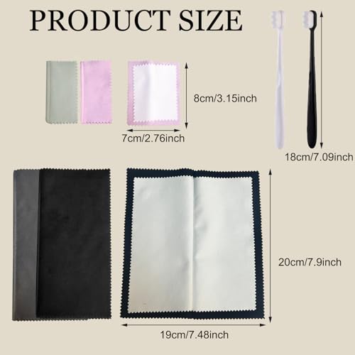 6 PCS Jewelry Cleaning Tool,Silver Polishing Cloth Jewelry Cleaning Kit Including 2 Size/4 Colors Jewelry Cleaning Cloth & 2 Ultra-Soft Brushes,Polishing Cloths for Gold Diamonds Platinum Gemstones