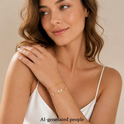 16K Gold Plated Bracelets Set for Women - Dainty Layered Adjustable Hand Chain Bracelet with Cubic Zirconia, Cute Jewelry Gift for Her, Waterproof Hypoallergenic - color: Bowknot