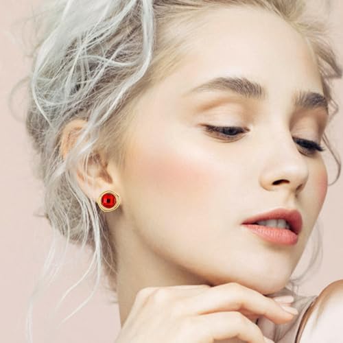 Gold Irregular Round Stud Earrings for Women 14K Gold Plated Crystal Rhinestone Stud Earrings Cubic Zirconia Statement Earrings Trendy Party Jewelry Gift for Women, Vintage Red Gemstone & Transparent