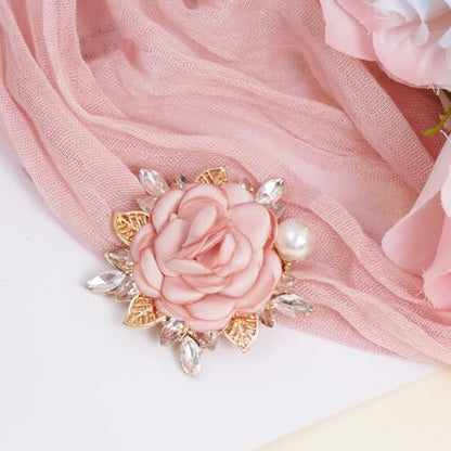 Rose Flower Brooch 1.97In Satin Pearl Crystal Flower Brooch for Women Wedding Dress Suit Hat Accessories Gift - color: pink