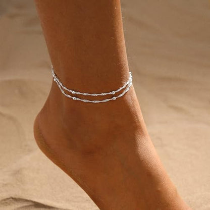 ASCOMY Ankle Bracelets for Women 14K Gold/Silver Plated Anklets for Women Waterproof Layered Cute Beads Dot Shining Twist Rope Chain Pearl Bar Link Heart Anklets Summer Beach Foot Chain Jewelry Gifts - style: Beads Link-sl
