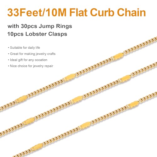 Kyutong 32.8 Feet Stainless Steel Jewelry Making Chains with Accessories | Gold Plated Chain for Jewelry Making Thin Flat Curb Chain Roll for Women DIY Jewelry Crafts - color: Flat Curb Gold