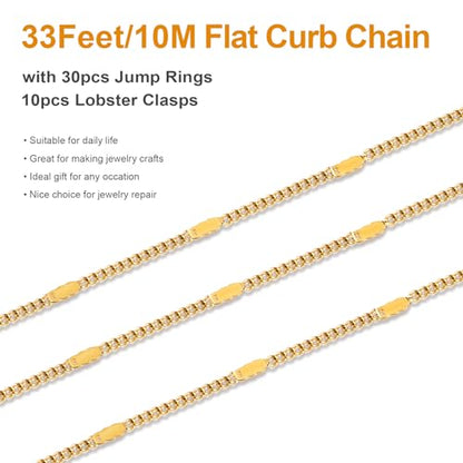 Kyutong 32.8 Feet Stainless Steel Jewelry Making Chains with Accessories | Gold Plated Chain for Jewelry Making Thin Flat Curb Chain Roll for Women DIY Jewelry Crafts - color: Flat Curb Gold
