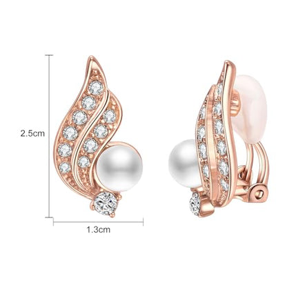 Yoursfs Pearl Clip On Earrings for Women 18K Rose Gold Plated Dainty Iced CZ Angel Wing Earring White Pearl Clip On Earring Non Pierced Earrings Jewelry