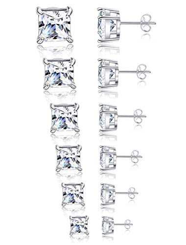 Tornito 6 Pairs 20G Stainless Steel Stud Earrings Square Cubic Zirconia Earring Set For Men Women 3MM-8MM Silver Tone - style: B:6 Pairs,Square CZ