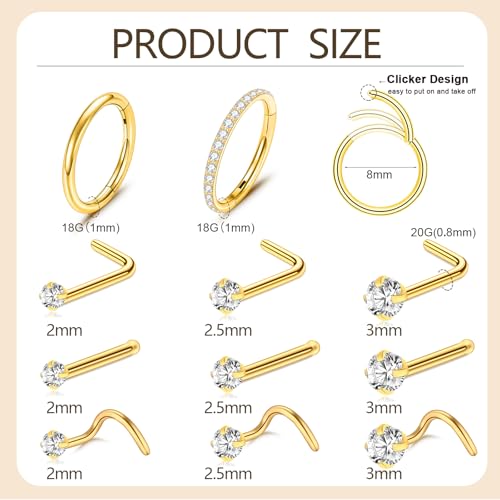 23-40 Pcs Gold Nose Rings & Studs - 18G & 20G Nose Piercing Jewelry - L Shape, Hoop & Screw Body Jewelry for Women & Men - color: Gold-18/20G-9Pcs