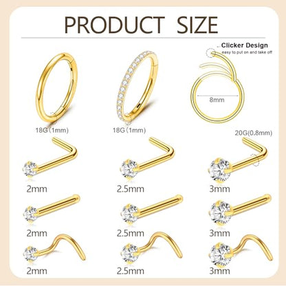 23-40 Pcs Gold Nose Rings & Studs - 18G & 20G Nose Piercing Jewelry - L Shape, Hoop & Screw Body Jewelry for Women & Men - color: Gold-18/20G-9Pcs