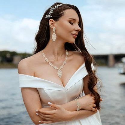 Flyonce Wedding Jewelry Set Rhinestone Crystal Bridal Leaf Necklace Drop Dangle Chandelier Earrings Sets for Women - color: Clear Gold-Tone