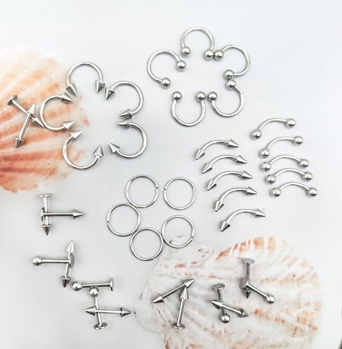 40Pcs 16G Lip Rings Stainless Steel Horseshoe Labret Monroe Lip Barbell Eyebrow Nose Ring Medusa Piercing Jewelry for Women Men - color: silver