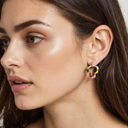 Milan Chiva 14K Gold Plated Small Huggie Dangle Earrings | Lightweight Trendy Heart Dainty Jewelry Hypoallergenic Chunky Gold Hoops Earrings Jewelry Mothers Day Gift for Women - color: I-Multi-Red