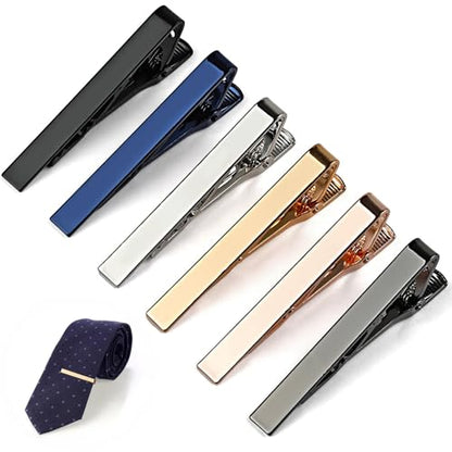 MOWPOG 6 Pcs Tie Clips for Men, Tie Bar Pins Tacks with Gift Box | Copper, Shiny & Glossy, for Father, Husband, Boyfriend, Business, Wedding, Suit Accessories, Easy to Open, Won't Fade/Scratch - color: silver/black/gray/rose gold/gold/deep blue