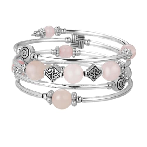 Beaded Pearl Bangle Wrap Bracelet - Fashion Bohemian Jewelry Multilayer Charm Bracelet with Thick Silver Metal Beads, Gift For Women - color: Pink crystal