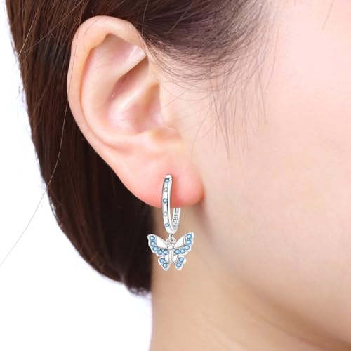 925 Sterling Silver Hoop Earrings Drop Dangle Earrings for Women Hypoallergenic Earring Trendy Huggie Earring Cute Graduation Birthday Gifts Jewelry for Women - color: Blue butterfly earrings