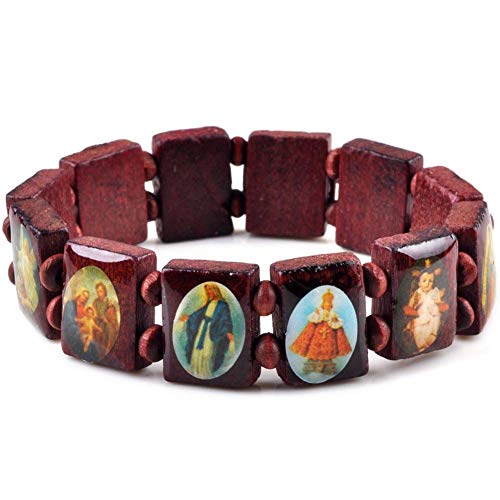 yantu Elastic Strechable Wooden Small Panel Bracelet with Images of Religious Saints, Jesus and Rosary