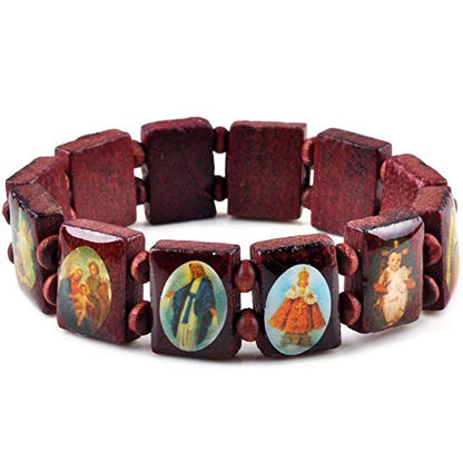 yantu Elastic Strechable Wooden Small Panel Bracelet with Images of Religious Saints, Jesus and Rosary