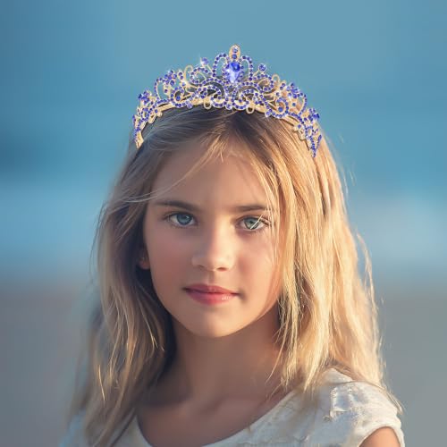 TAROSE Tiaras for Women, Birthday Crown and Sash for Girls | Birthday Sash Sunglasses Outfit, Birthday Gift for Women Girls, Goddess Crown Bride/Halloween/Prom/Party/Costume - color: 1 F. Gold+royal Blue