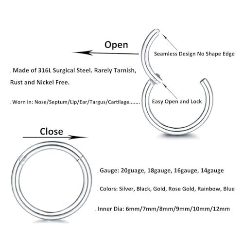 20G 18G 16G 14G Nose Rings Hoops 316L Surgical Steel | Hinged Clicker Segment Septum Nose Lip Rings for Women 6mm 7mm 8mm 9mm 10mm 12mm Gold Silver Black Rose Gold Blue - style: 16G*8mm